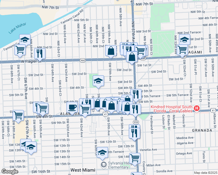 map of restaurants, bars, coffee shops, grocery stores, and more near 5915 Southwest 4th Street in Miami