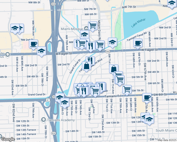 map of restaurants, bars, coffee shops, grocery stores, and more near 351 Flagami Boulevard in Miami