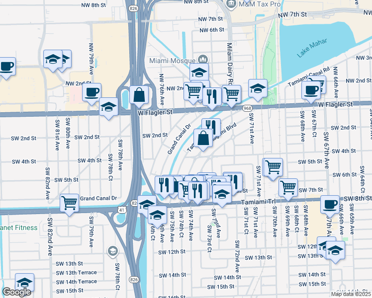 map of restaurants, bars, coffee shops, grocery stores, and more near 382 Tamiami Canal Road in Miami