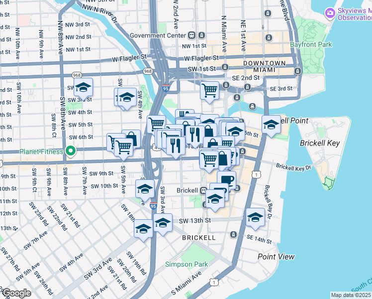 map of restaurants, bars, coffee shops, grocery stores, and more near 175 Southwest 7th Street in Miami