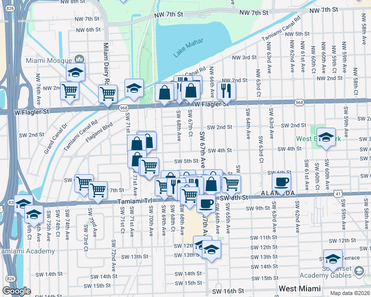 map of restaurants, bars, coffee shops, grocery stores, and more near 6771 Southwest 4th Street in Miami
