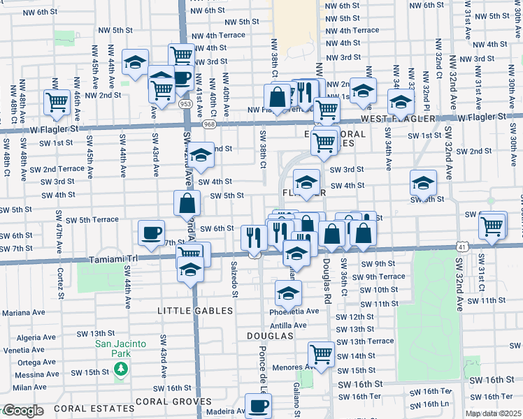 map of restaurants, bars, coffee shops, grocery stores, and more near 504 Boabadilla Street in Coral Gables