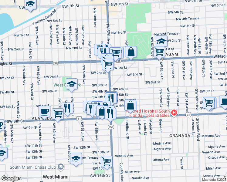 map of restaurants, bars, coffee shops, grocery stores, and more near 5690 Southwest 4th Street in Coral Gables