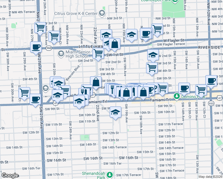 map of restaurants, bars, coffee shops, grocery stores, and more near 611 Southwest 21st Avenue in Miami