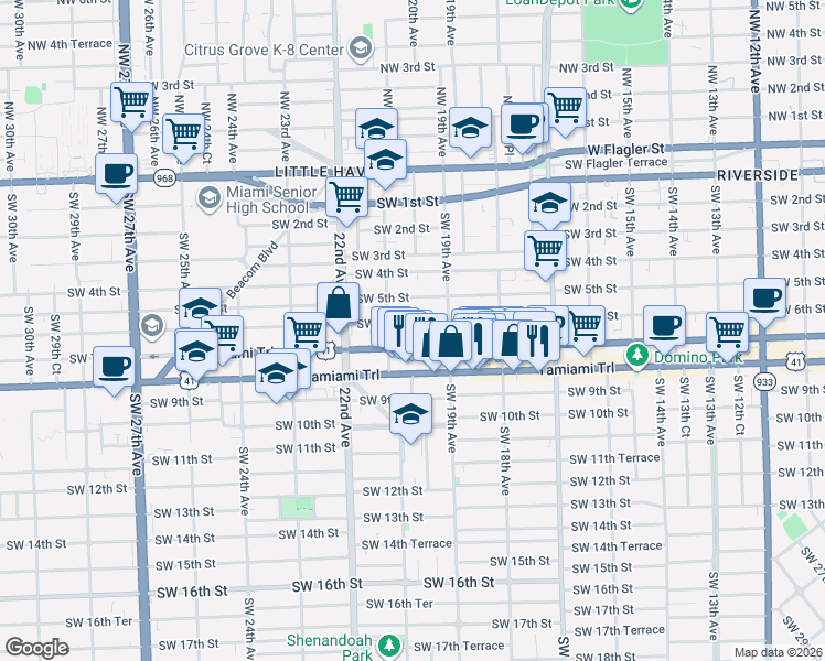 map of restaurants, bars, coffee shops, grocery stores, and more near 1938 Southwest 6th Street in Miami