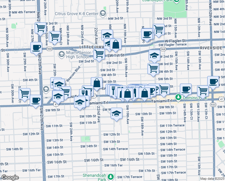 map of restaurants, bars, coffee shops, grocery stores, and more near 611 Southwest 21st Avenue in Miami