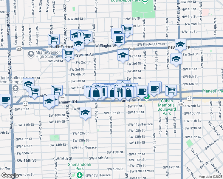 map of restaurants, bars, coffee shops, grocery stores, and more near 619 Southwest 18th Avenue in Miami