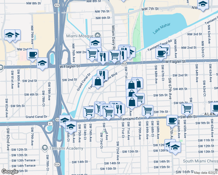 map of restaurants, bars, coffee shops, grocery stores, and more near 300 Southwest 72nd Court in Miami