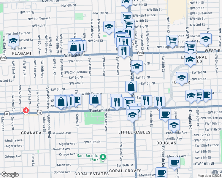 map of restaurants, bars, coffee shops, grocery stores, and more near 4350 Southwest 5th Street in Coral Gables