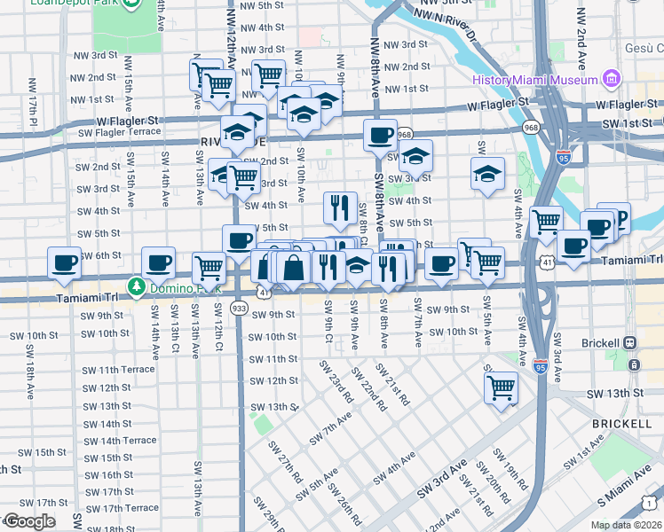 map of restaurants, bars, coffee shops, grocery stores, and more near 921 Southwest 8th Street in Miami