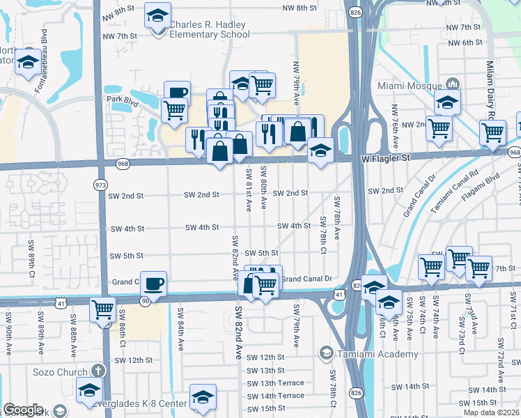 map of restaurants, bars, coffee shops, grocery stores, and more near 260 Southwest 80th Avenue in Miami