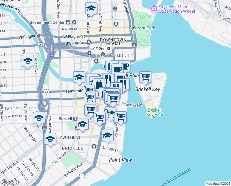 map of restaurants, bars, coffee shops, grocery stores, and more near 701 Brickell Avenue in Miami