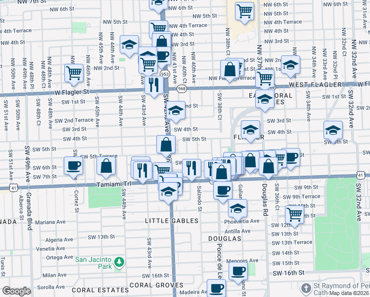 map of restaurants, bars, coffee shops, grocery stores, and more near 530 Southwest 40th Court in Coral Gables
