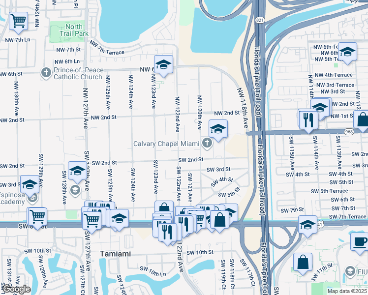 map of restaurants, bars, coffee shops, grocery stores, and more near 12131 Southwest 1st Street in Miami