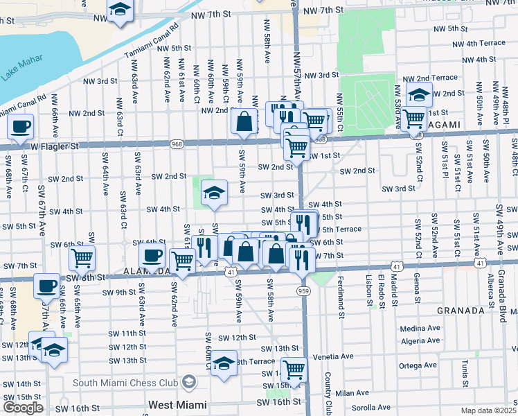map of restaurants, bars, coffee shops, grocery stores, and more near 5833 Southwest 4th Street in Miami