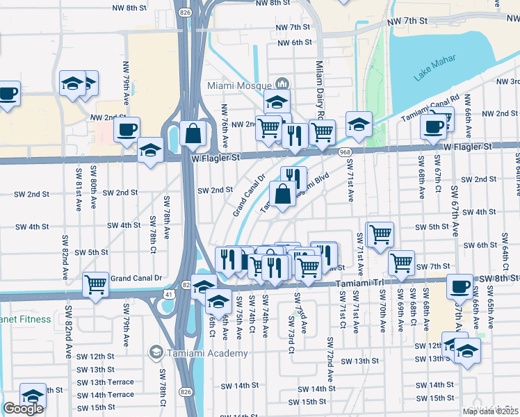 map of restaurants, bars, coffee shops, grocery stores, and more near 382 Tamiami Canal Road in Miami