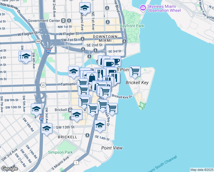 map of restaurants, bars, coffee shops, grocery stores, and more near 701 Brickell Avenue in Miami