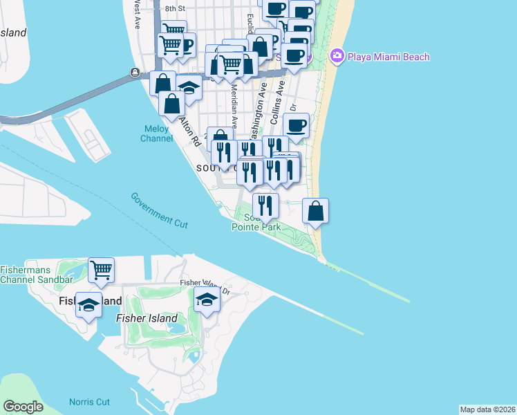 map of restaurants, bars, coffee shops, grocery stores, and more near Inlet Boulevard in Miami Beach
