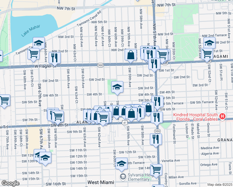 map of restaurants, bars, coffee shops, grocery stores, and more near 348 Southwest 60th Avenue in Miami