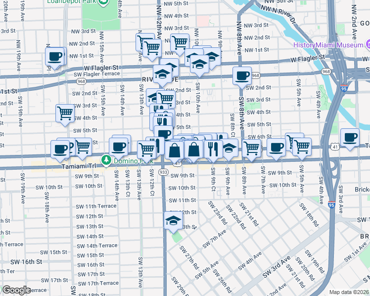 map of restaurants, bars, coffee shops, grocery stores, and more near 637 Southwest 11th Avenue in Miami