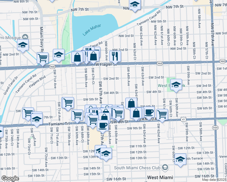 map of restaurants, bars, coffee shops, grocery stores, and more near 6521 Southwest 4th Street in Miami