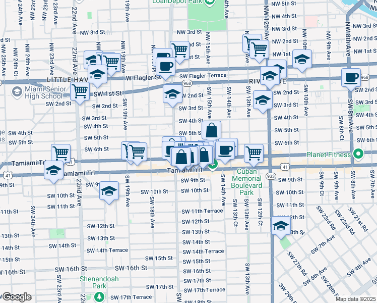 map of restaurants, bars, coffee shops, grocery stores, and more near 620 Southwest 16th Avenue in Miami