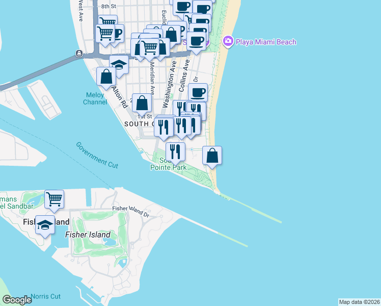 map of restaurants, bars, coffee shops, grocery stores, and more near 100 South Pointe Drive in Miami Beach
