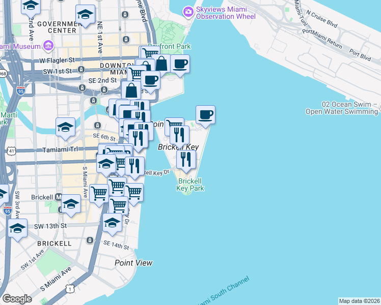 map of restaurants, bars, coffee shops, grocery stores, and more near in Miami