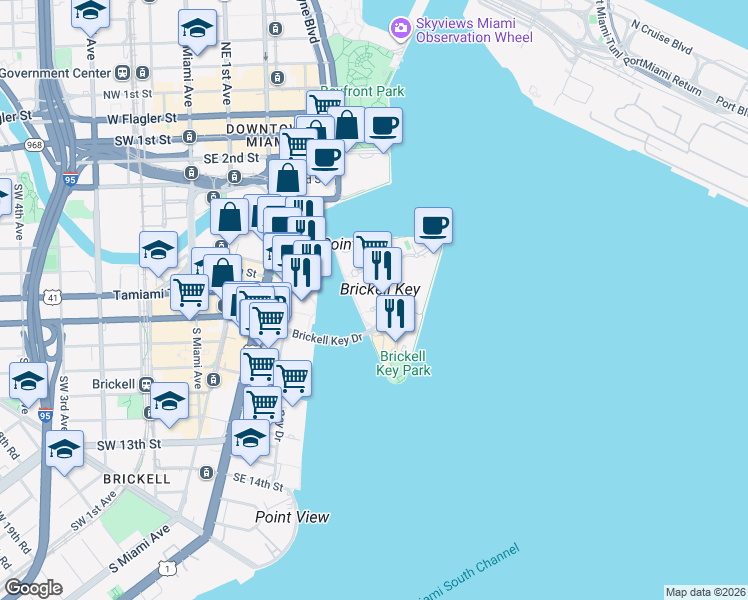 map of restaurants, bars, coffee shops, grocery stores, and more near 601 Brickell Key Drive in Miami