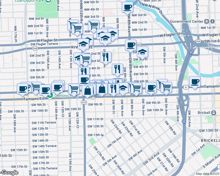 map of restaurants, bars, coffee shops, grocery stores, and more near 991 Southwest 7th Street in Miami