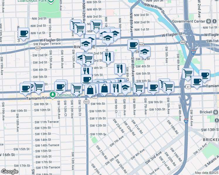 map of restaurants, bars, coffee shops, grocery stores, and more near 991 Southwest 7th Street in Miami