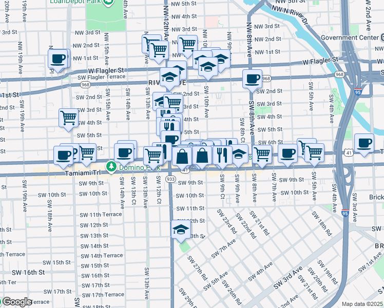 map of restaurants, bars, coffee shops, grocery stores, and more near 1057 Southwest 7th Street in Miami
