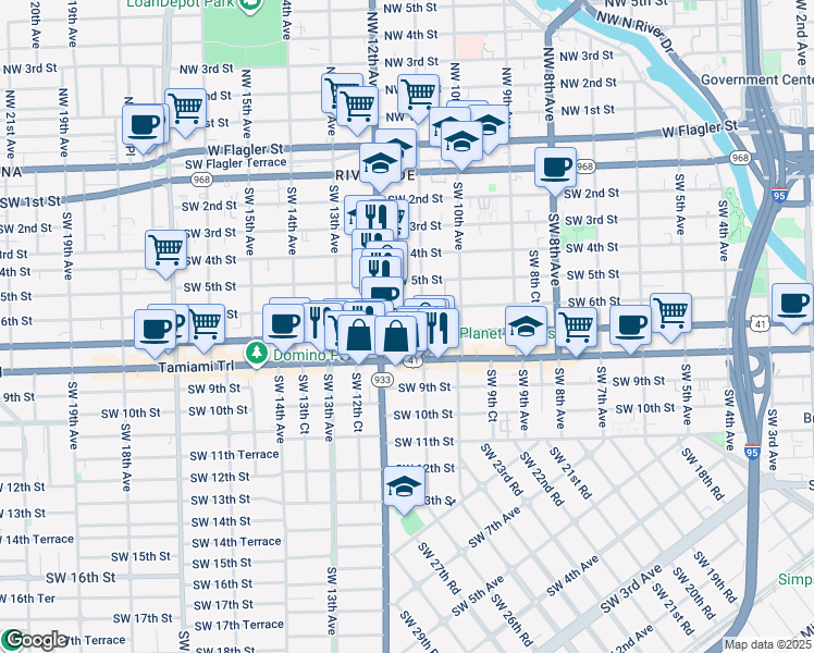 map of restaurants, bars, coffee shops, grocery stores, and more near in Miami