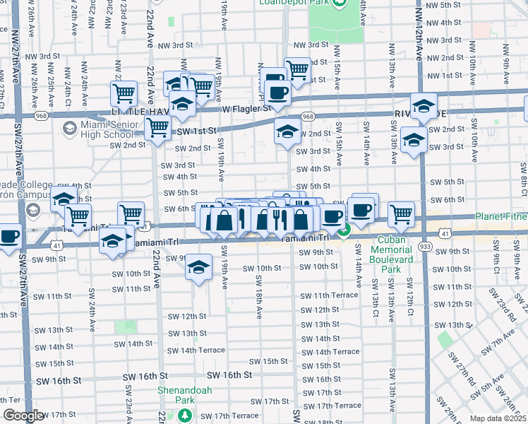 map of restaurants, bars, coffee shops, grocery stores, and more near 619 Southwest 18th Avenue in Miami