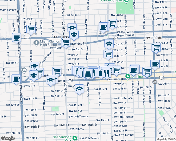 map of restaurants, bars, coffee shops, grocery stores, and more near 1880 Southwest 6th Street in Miami