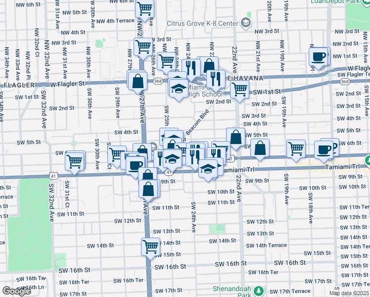 map of restaurants, bars, coffee shops, grocery stores, and more near 2400 Southwest 6th Street in Miami