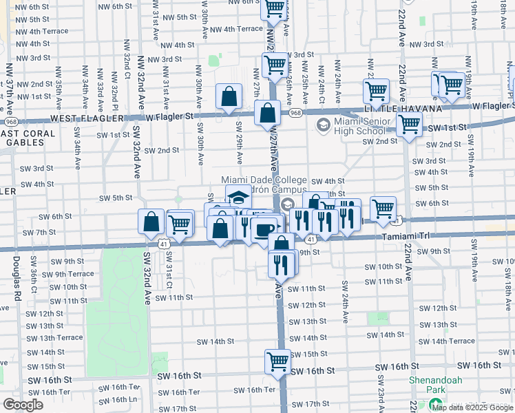 map of restaurants, bars, coffee shops, grocery stores, and more near 2725 Southwest 6th Street in Miami