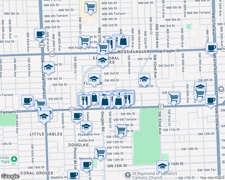 map of restaurants, bars, coffee shops, grocery stores, and more near 527 Southwest 36th Avenue in Miami