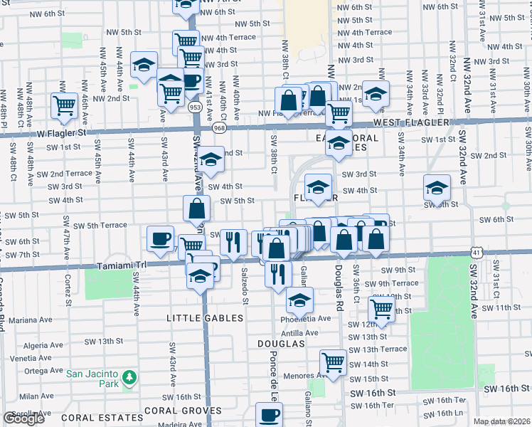 map of restaurants, bars, coffee shops, grocery stores, and more near 504 Boabadilla Street in Coral Gables