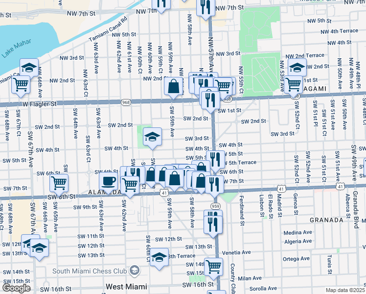 map of restaurants, bars, coffee shops, grocery stores, and more near 5833 Southwest 4th Street in Miami