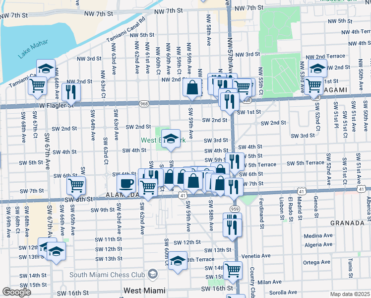 map of restaurants, bars, coffee shops, grocery stores, and more near 5915 Southwest 4th Street in Miami