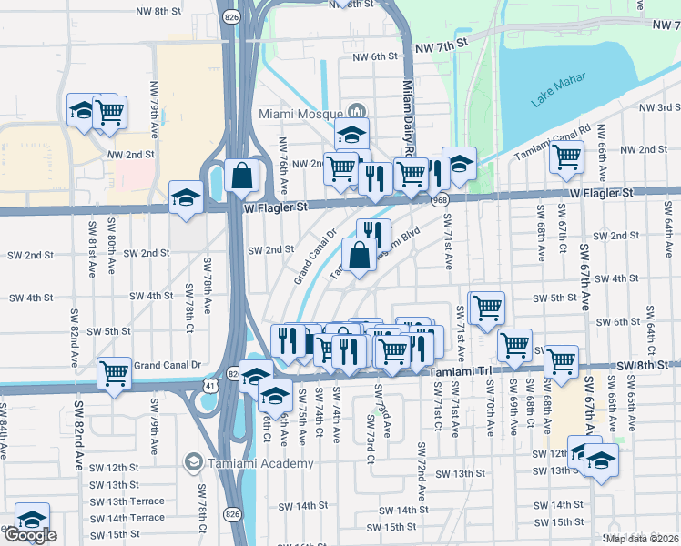 map of restaurants, bars, coffee shops, grocery stores, and more near 382 Tamiami Canal Road in Miami