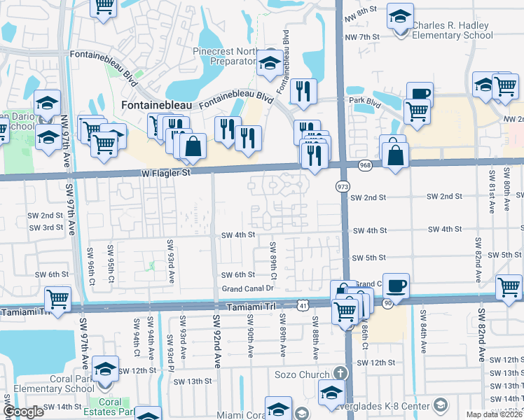 map of restaurants, bars, coffee shops, grocery stores, and more near 8976 West Flagler Street in Miami