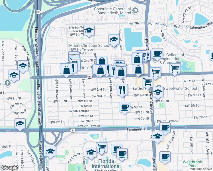 map of restaurants, bars, coffee shops, grocery stores, and more near 11116 Southwest 1st Street in Miami