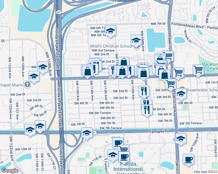 map of restaurants, bars, coffee shops, grocery stores, and more near 132 Southwest 113th Avenue in Miami