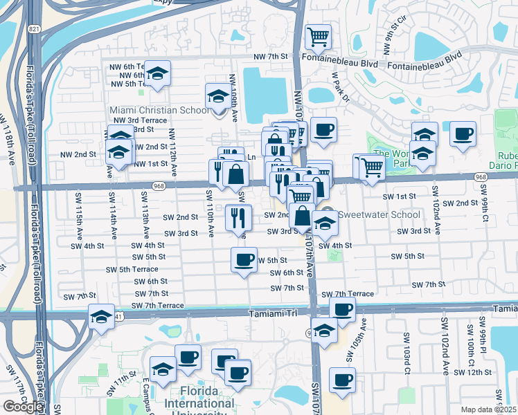 map of restaurants, bars, coffee shops, grocery stores, and more near 10851 Southwest 2nd Street in Miami