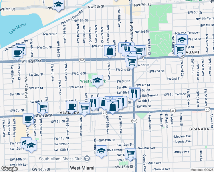 map of restaurants, bars, coffee shops, grocery stores, and more near 5915 Southwest 4th Street in Miami