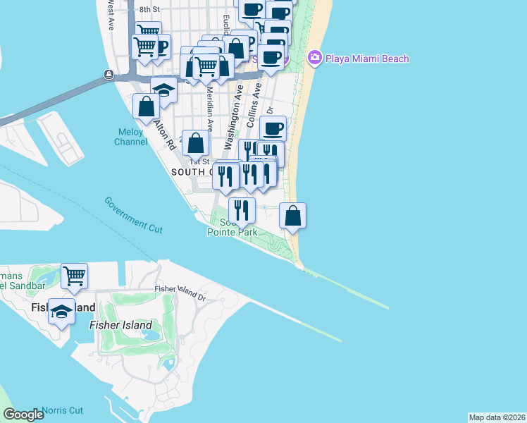 map of restaurants, bars, coffee shops, grocery stores, and more near Unnamed Road in Miami Beach