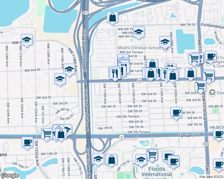 map of restaurants, bars, coffee shops, grocery stores, and more near 11460 Southwest 1st Street in Miami