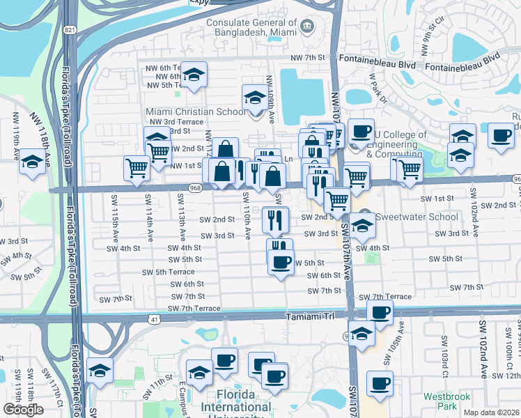 map of restaurants, bars, coffee shops, grocery stores, and more near 120 Southwest 109th Avenue in Miami